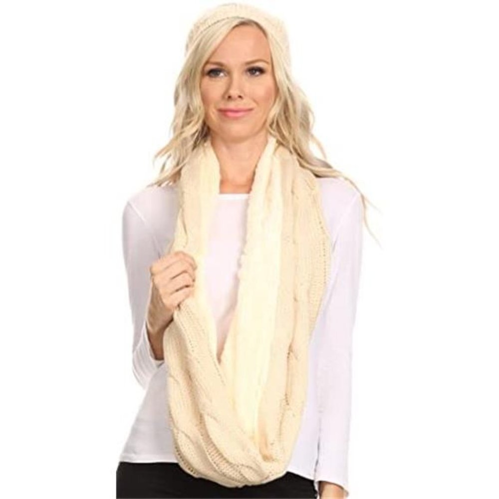 Long Wide Classic Cable Knit Fur Lined Infinity Scarf And Hat Set